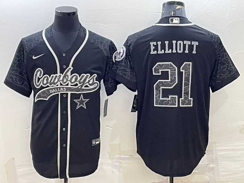 Mens Dallas Cowboys #21 Ezekiel Elliott Black Reflective With Patch Cool Base Stitched Baseball Jersey